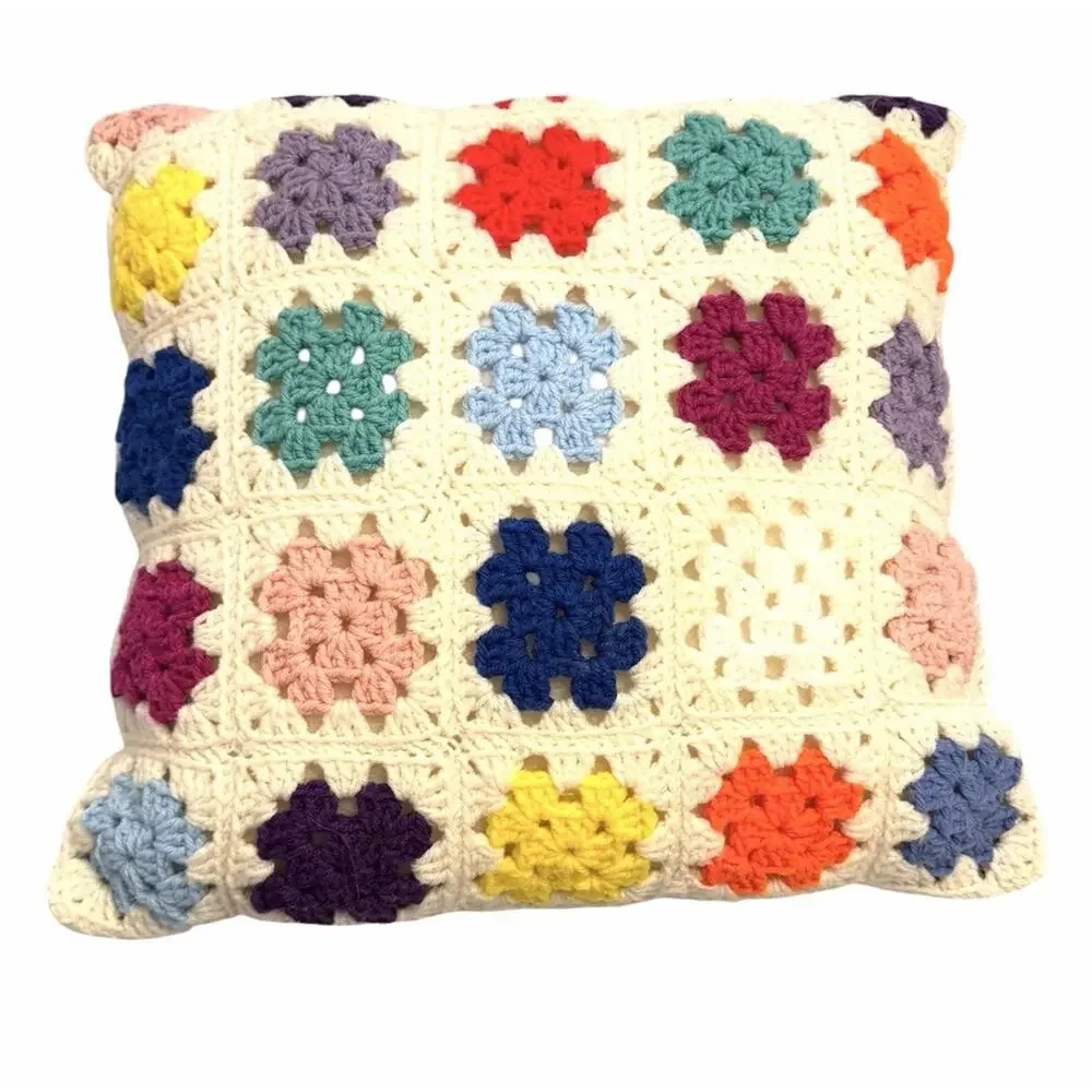 Vintage Granny Square Crochet Throw Pillow Floral Multi Colors Grannycore 16”